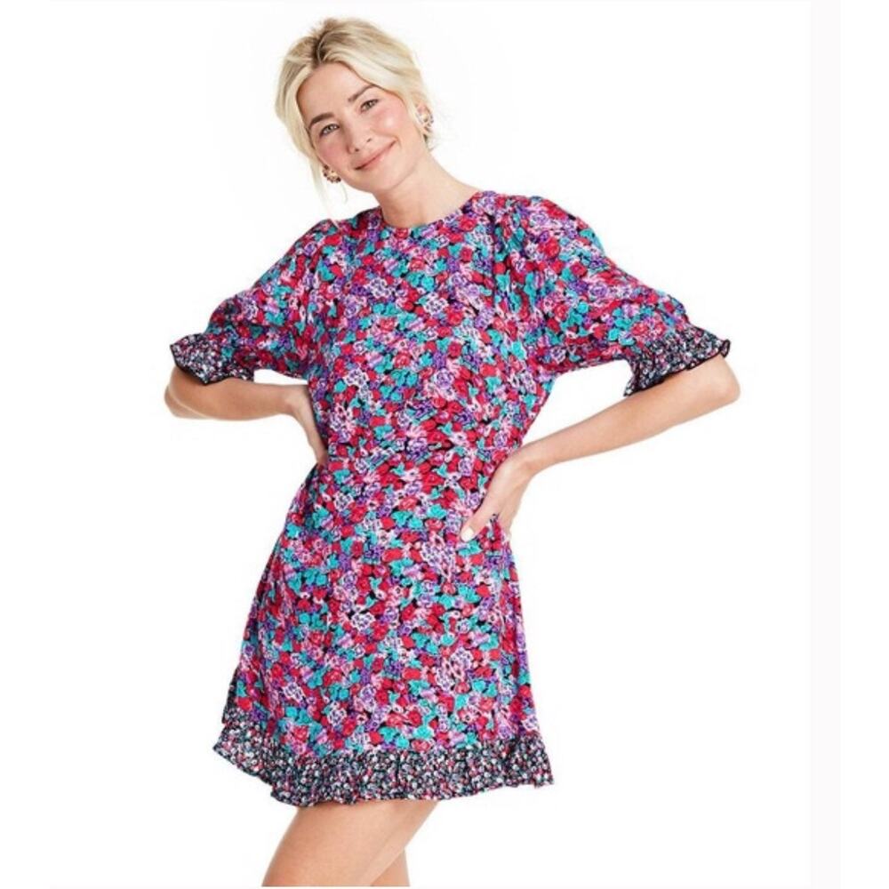 RIXO for Target mixed floral print mini dress  puff sleeves Sz. 2 flirty boho